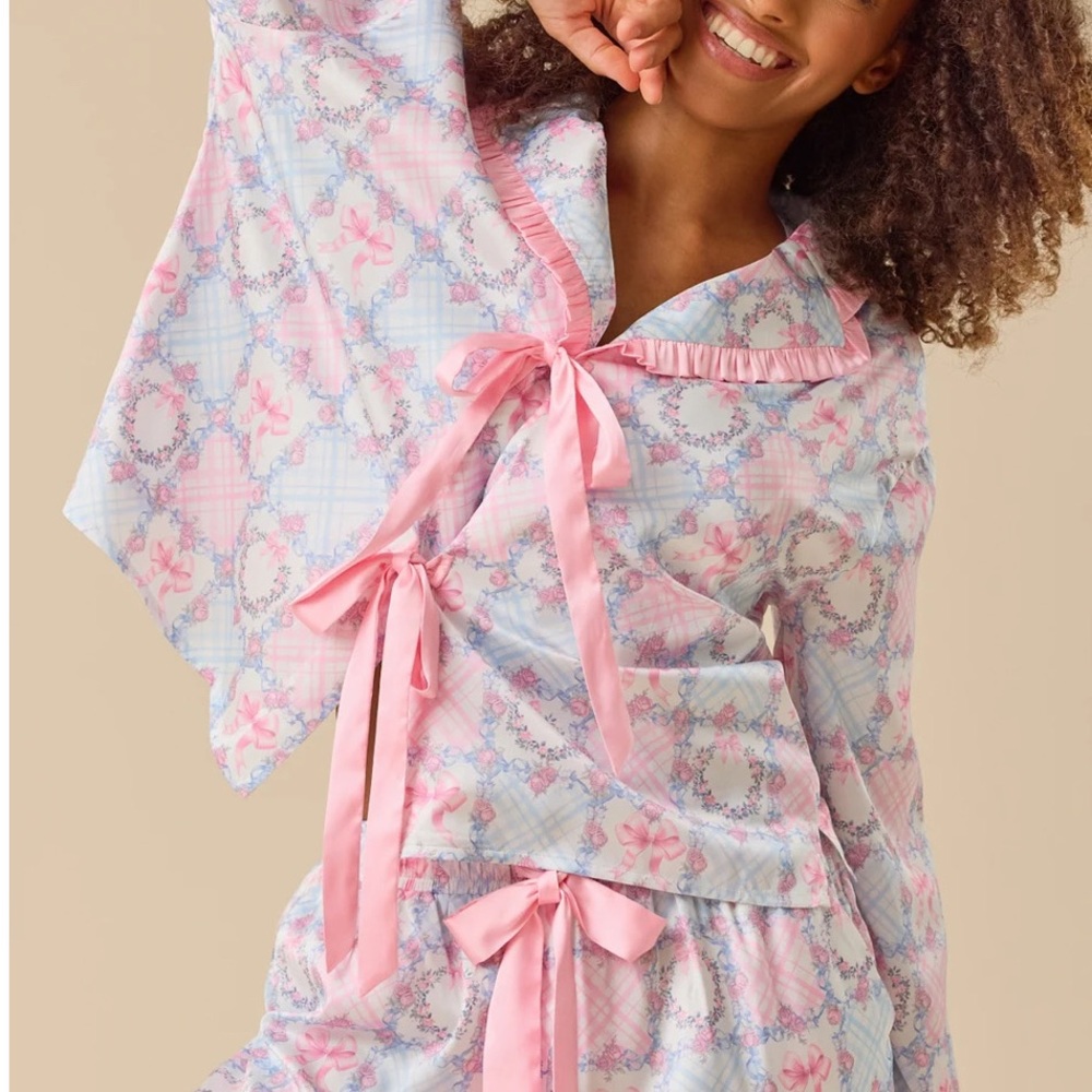 Pink Floral Satin Tie-Front Pajama TOP - Picture 2 of 2
